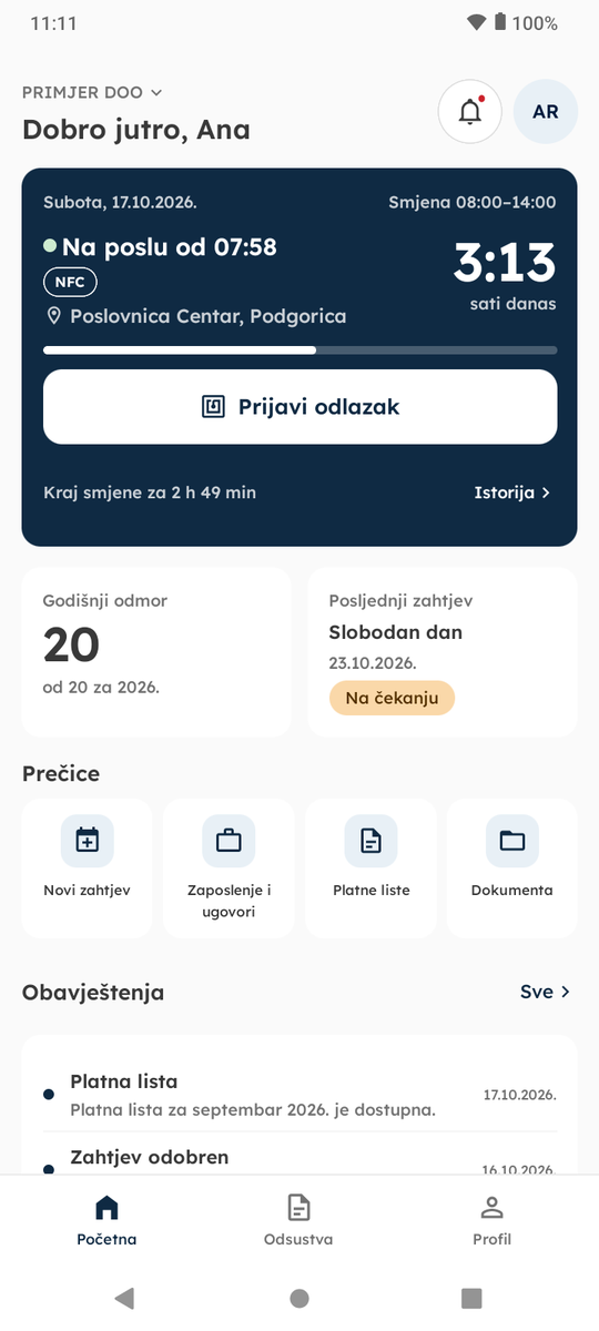 Mobilna aplikacija WorkSync: dolazak zabilježen u 07:58, preostali godišnji odmor, prečice i obavještenja